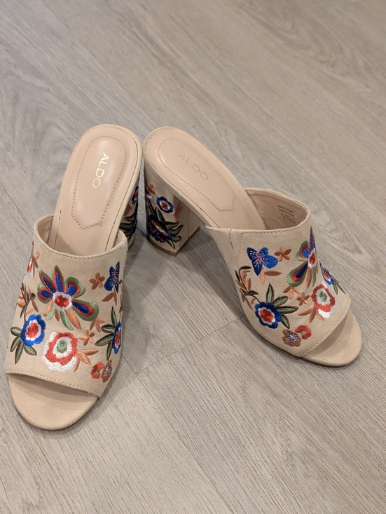 Aldo Shoes - ALDO Beige Embroidered Floral Block Heel Mules